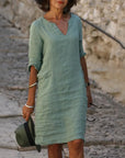Sarah | Loose Linen Summer Dress featuring V-Neck