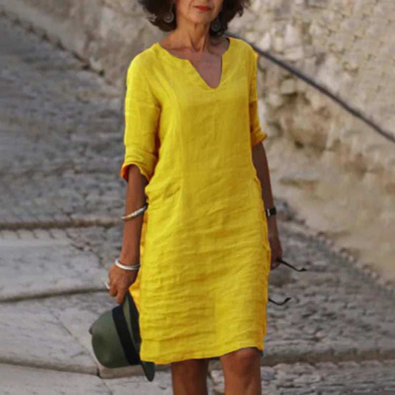 Sarah | Loose Linen Summer Dress featuring V-Neck