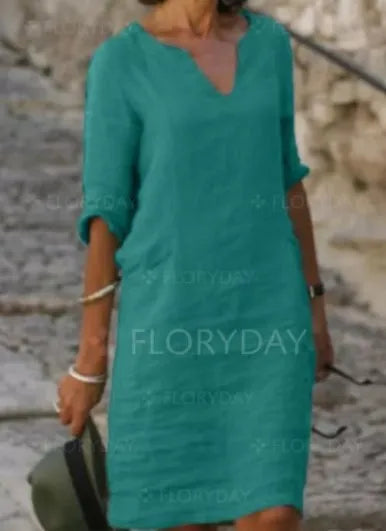 Sarah | Loose Linen Summer Dress featuring V-Neck