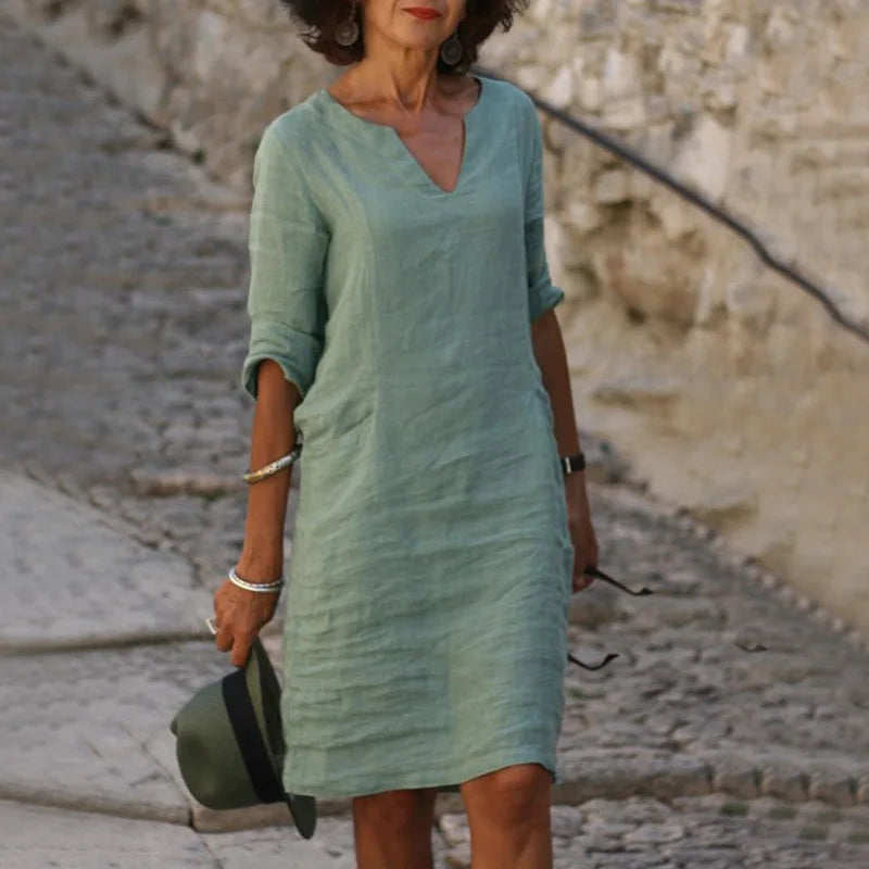 Sarah | Loose Linen Summer Dress featuring V-Neck