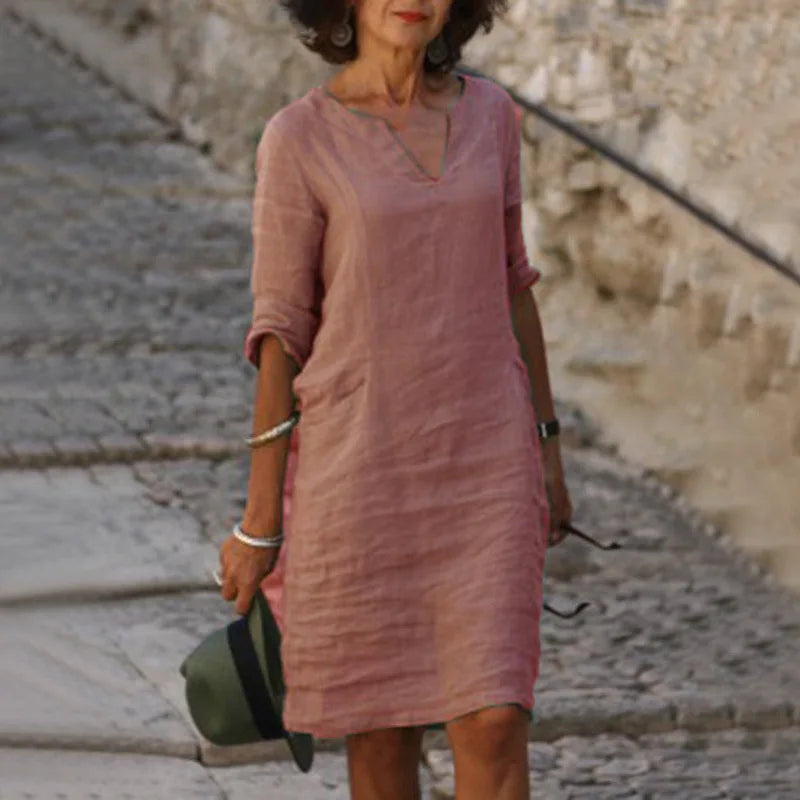 Sarah | Loose Linen Summer Dress featuring V-Neck