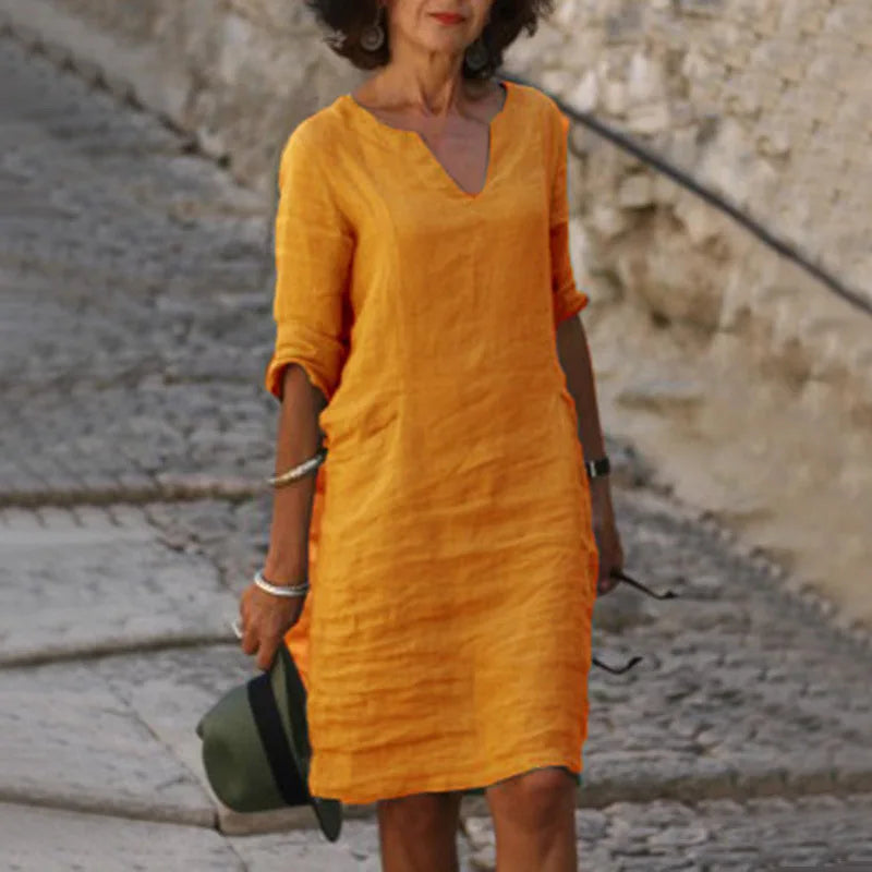 Sarah | Loose Linen Summer Dress featuring V-Neck