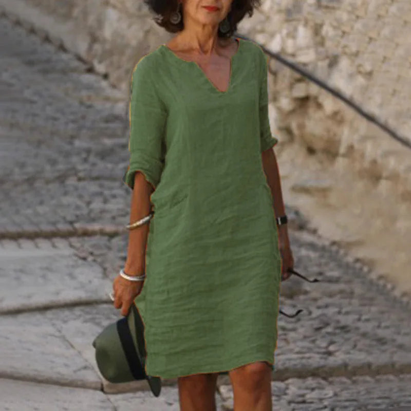 Sarah | Loose Linen Summer Dress featuring V-Neck