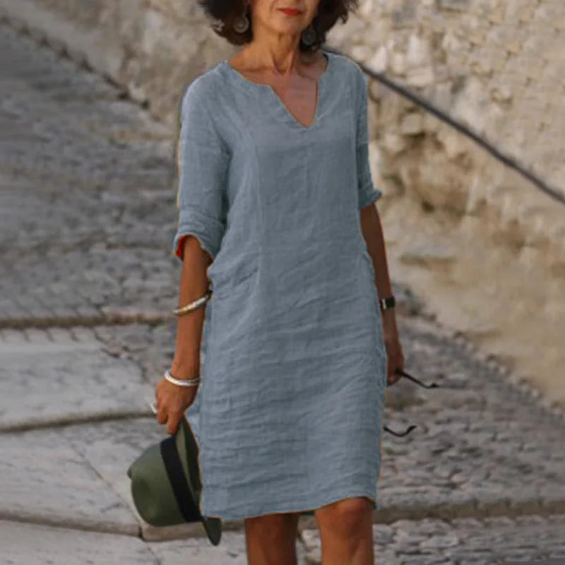 Sarah | Loose Linen Summer Dress featuring V-Neck