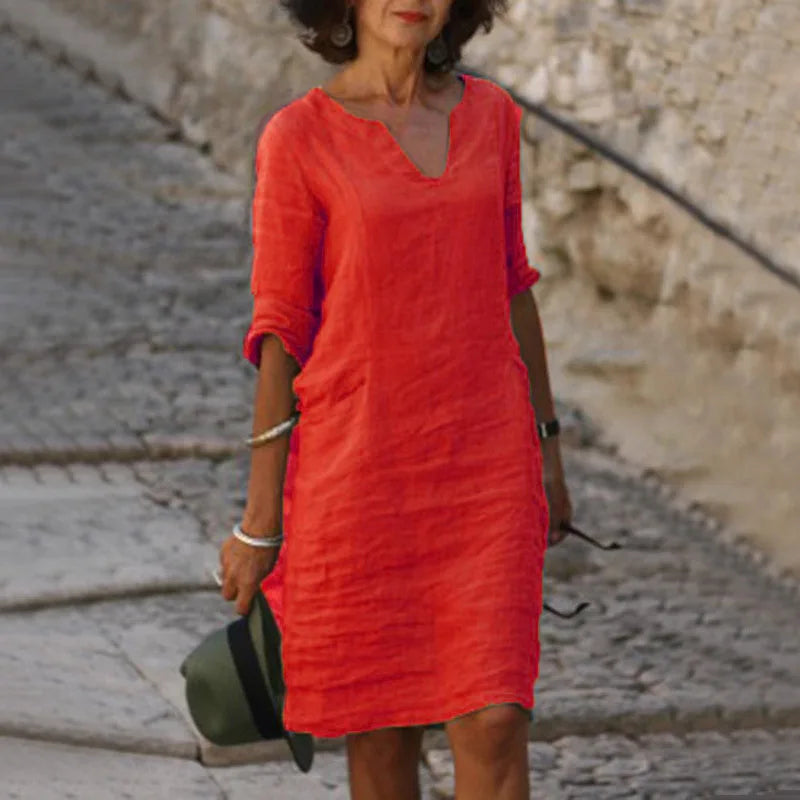 Sarah | Loose Linen Summer Dress featuring V-Neck