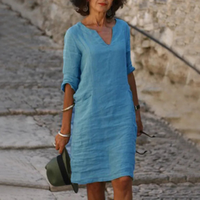 Sarah | Loose Linen Summer Dress featuring V-Neck