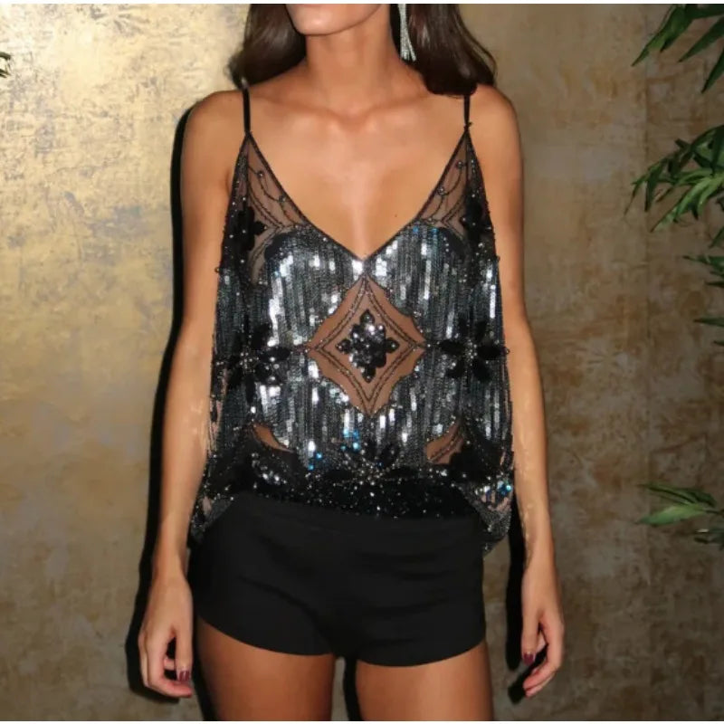 Elina | Sparkling Sheer Party Top featuring Sequins