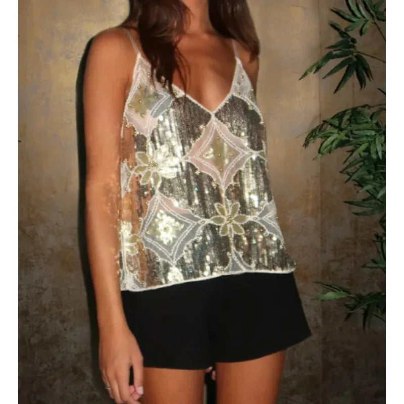 Elina | Sparkling Sheer Party Top featuring Sequins